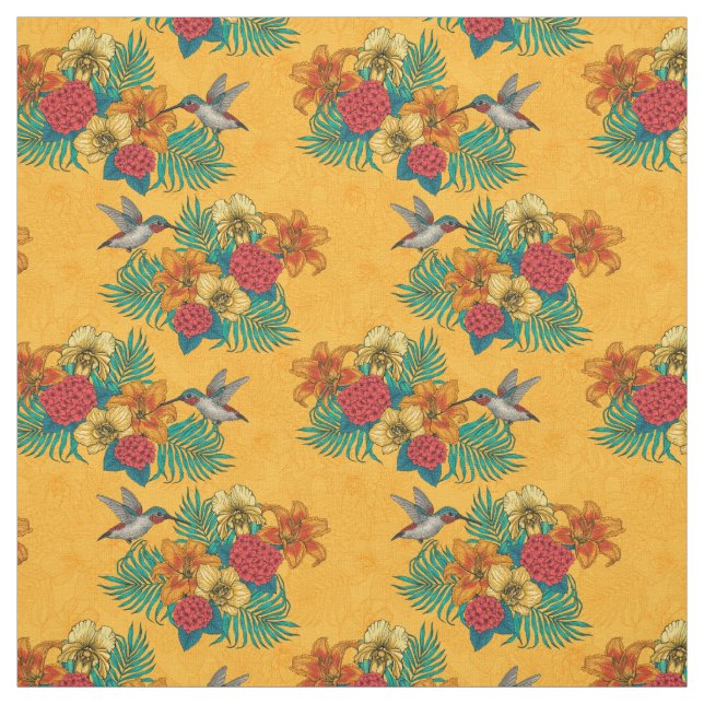 Tecido Aves e buquês tropicais em amarelo (Modelo)