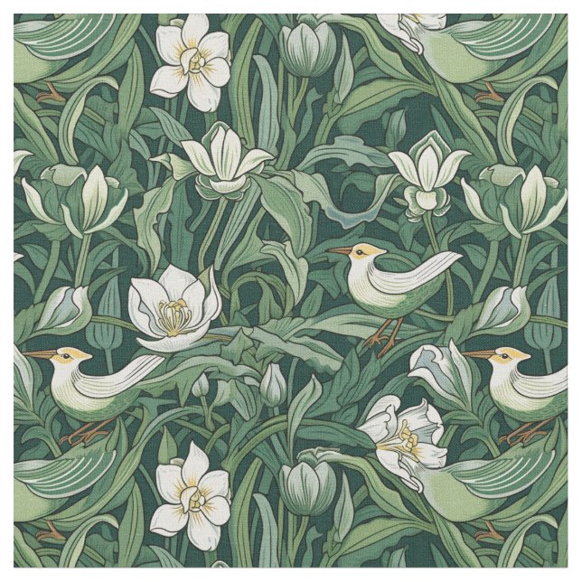 Tecido Aves e Tulipas Arte Verde Nouveau (Detalhe)