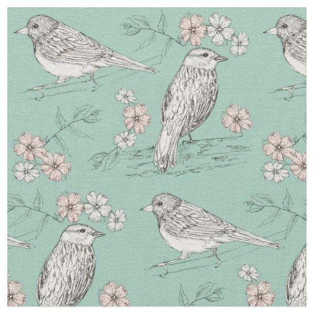 Tecido Aves Flores Rosa Robins Ovos Azul (Detalhe)