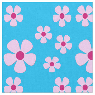 Tecido Azul-Céu com Flores Rosa