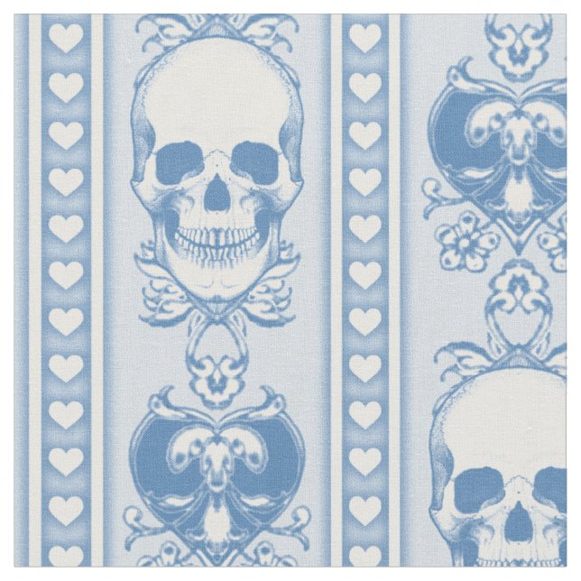 Tecido Azul com Padrão de Faixa de Caveira Barroca (Detalhe)
