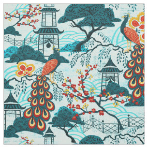Tecido azul do Chinoiserie do pavão