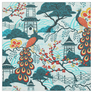 Tecido azul do Chinoiserie do pavão