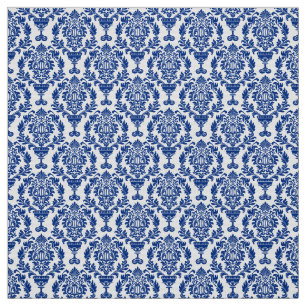 tecido azul e branco com padrão de damasco.