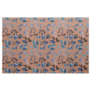 Tecido Azul Folhas Ferrugem Laranja Queimada
