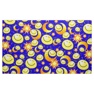 Tecido Azul Lua Amarelo Estrelas Laranja