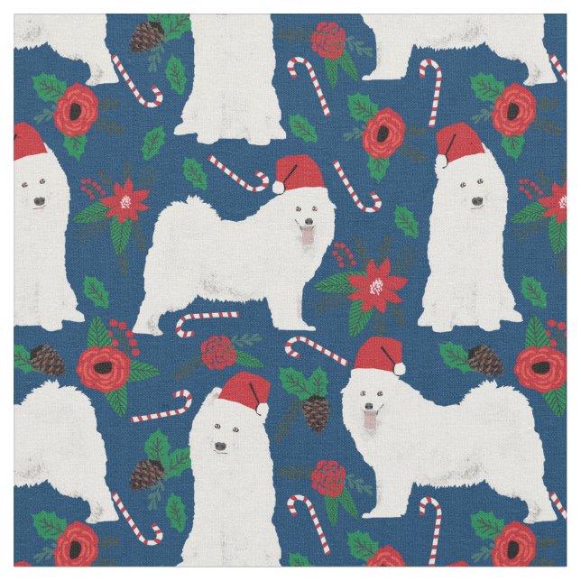Tecido Azul marinho floral de Natal de cão com Samoyed (Detalhe)