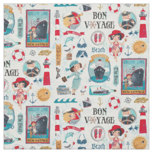 Tecido Azul Náutico Vermelho Fofo Viagem de Verão Cruzeir