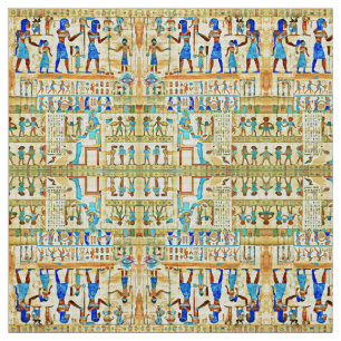 Tecido Azul-padrão ritual egípcio, turquesa, amarelo