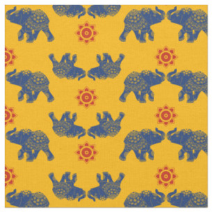Tecido Azul Real, Amarelo Ouro Amarelo-Amarelo-Elefantes 