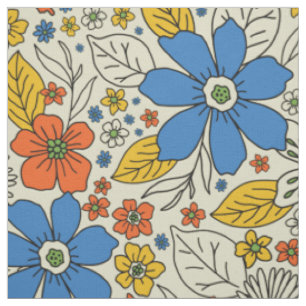 Tecido Azul Retroativo, Amarelo e Laranja Floral