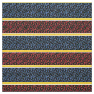 Tecido Azul/vermelho-dourado/listra branca - preto