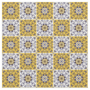 Tecido Azulejo Floral Amarelo e Azul Mediterrâneo