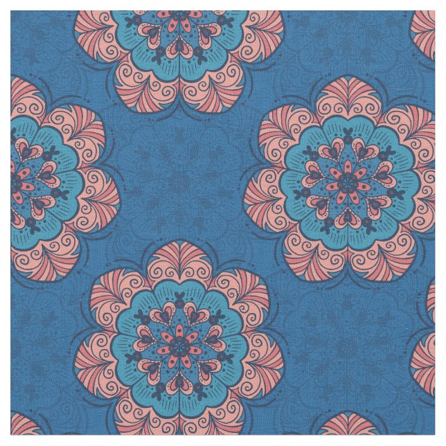 Tecido Azulejo Floral de Mandala em Azul e Rosa (Detalhe)