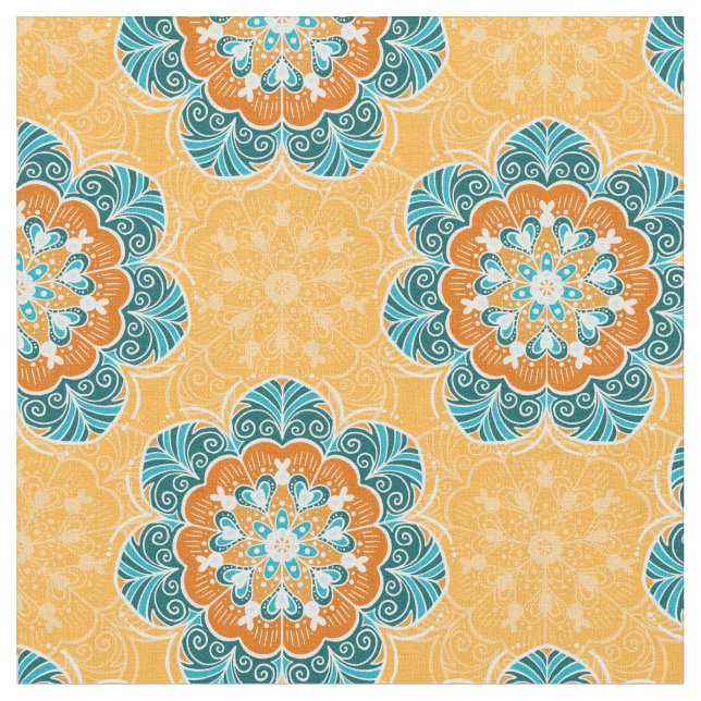 Tecido Azulejo Floral Mandala em Laranja e Teal (Detalhe)