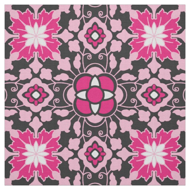 Tecido Azulejo Floral marroquino, Cor-de-rosa e Cinzas/Ci (Modelo)