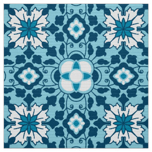 Tecido Azulejo Floral marroquino, Indigo, Sky Blue e Whit
