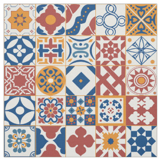 Tecido Azulejo marroquino - azul e bordo