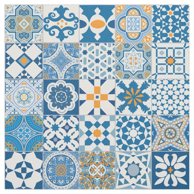 Tecido Azulejo marroquino - azul e laranja (Modelo)