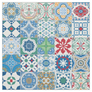 Tecido Azulejo marroquino - azul e vermelho