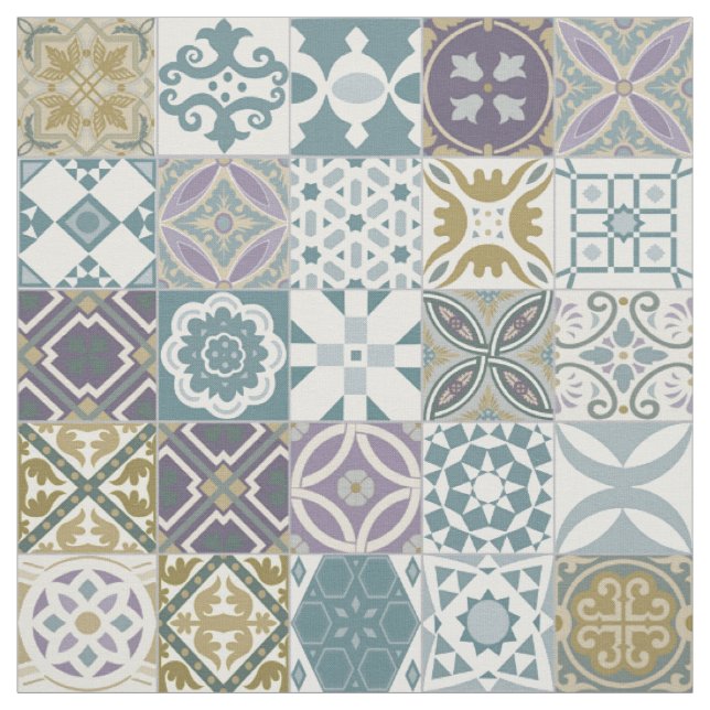 Tecido Azulejo marroquino - azul pastel e ouro (Modelo)