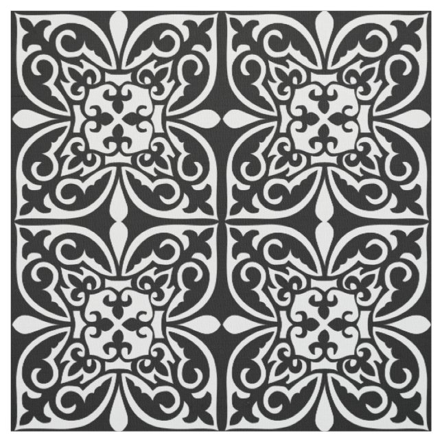 Tecido Azulejo marroquino - branco com fundo preto (Modelo)