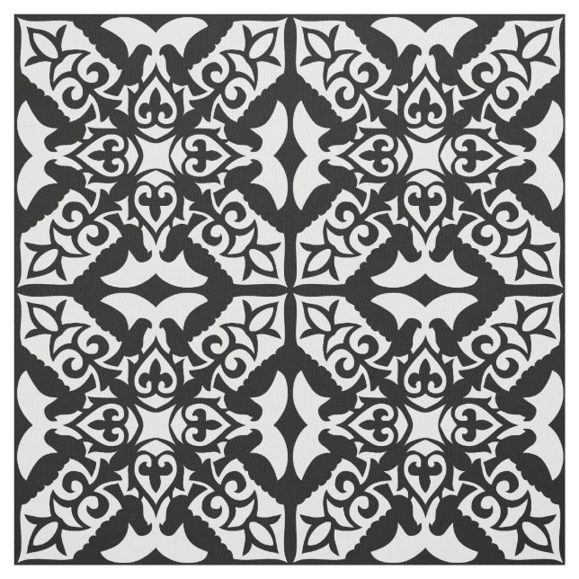 Tecido Azulejo marroquino - branco com fundo preto (Modelo)