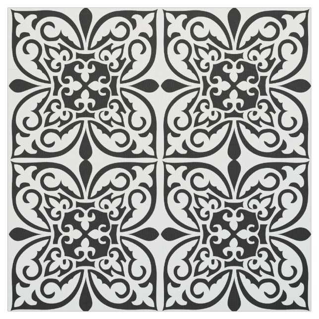 Tecido Azulejo marroquino - branco com fundo preto (Modelo)