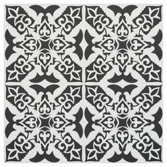 Tecido Azulejo marroquino - branco com fundo preto (Modelo)