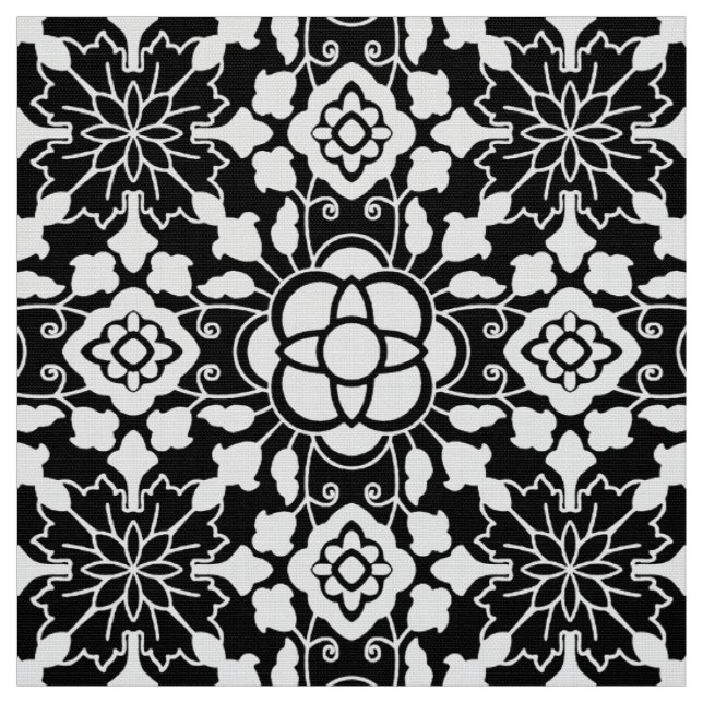 Tecido Azulejo marroquino floral, preto e branco (Modelo)