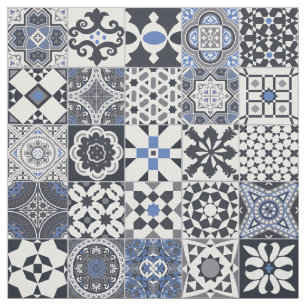 Tecido azulejo marroquino preto,azul,cinza