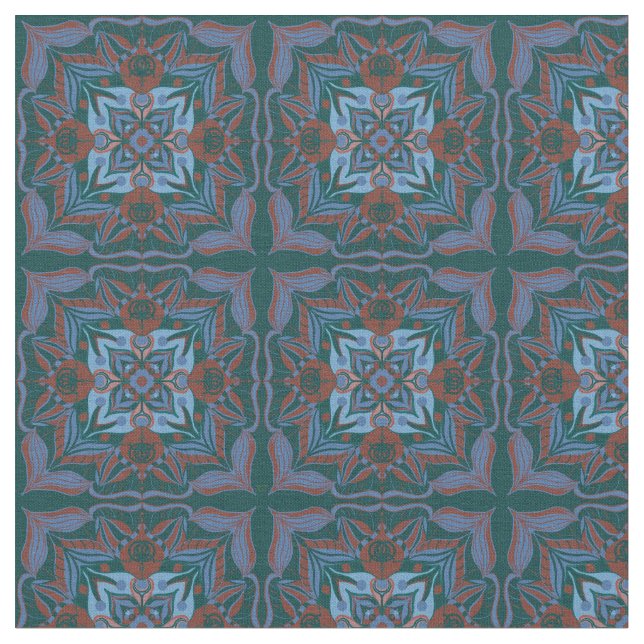Tecido Azulejo Teal Floral do Mediterrâneo (Detalhe)