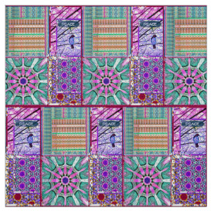 Tecido Azulejos Azulejos Geométricos com Pássaro da Paz