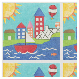 Tecido Balão de vela e ar quente com paisagem urbana