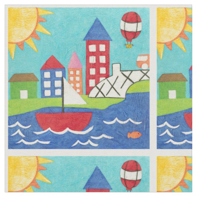 Tecido Balão de vela e ar quente com paisagem urbana (Detalhe)