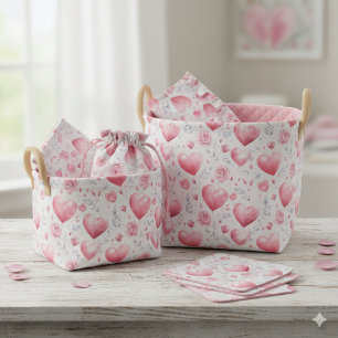 Tecido Balões de Coração e Rosas Cor-de-Rosa em Aquarela 