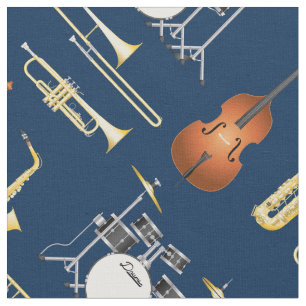 Tecido Banda Jazz Instrumentos Musical Decor Azul