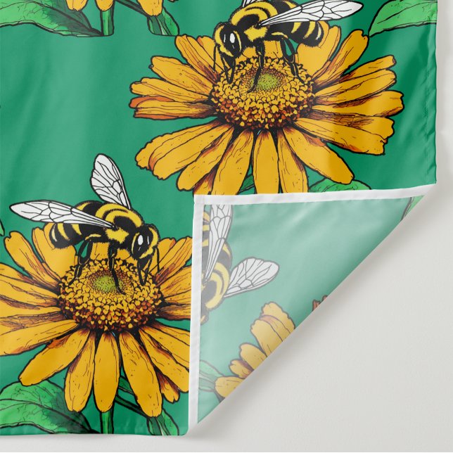 Tecido Bee on Sunflower Flower Pattern Design Green  (Criador carregado)
