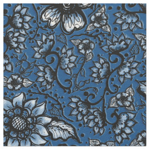 Tecido Belo Floral Clássico Azul e Preto