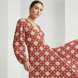 Tecido Biológico Tribal Boho Chic Red Black Beige Geométr