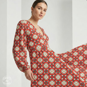 Tecido Biológico Tribal Boho Chic Red Black Beige Geométr