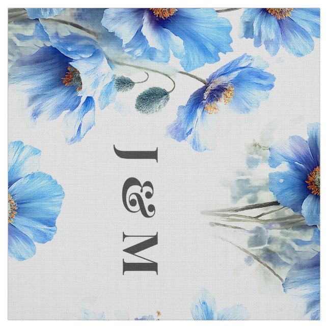 Tecido Blue Poppies Floral Wedding Fabric with Monogram (Modelo)