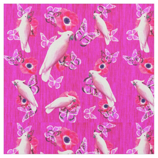 Tecido Blush Paradise: Harmonia de Cockatoas e Borboletas (Detalhe)