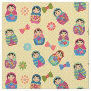 Tecido Bonecas russas Matryoshka em bolinhas amarelas
