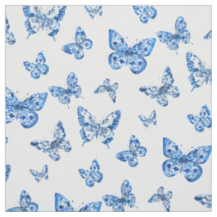 Tecido Borboleta Branca Chinoiserie Azul