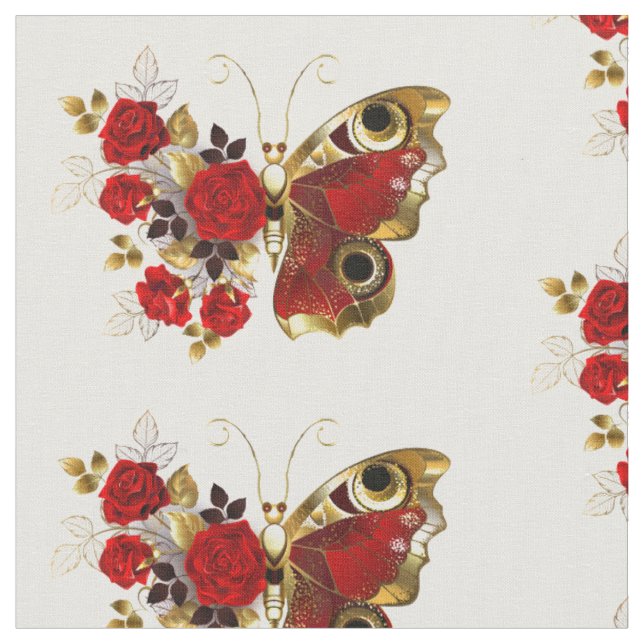 Tecido Borboleta de flor vermelha com rosas vermelhas (Detalhe)