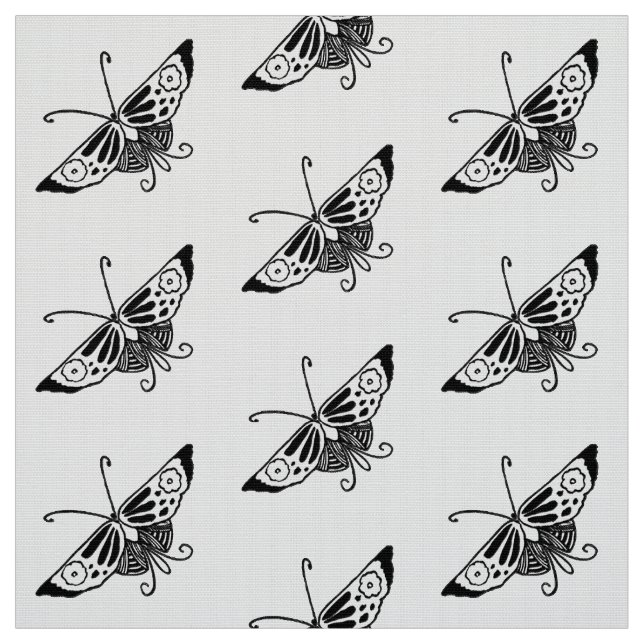 Tecido Borboleta Deco Estilizada, Preta e Branca (Modelo)