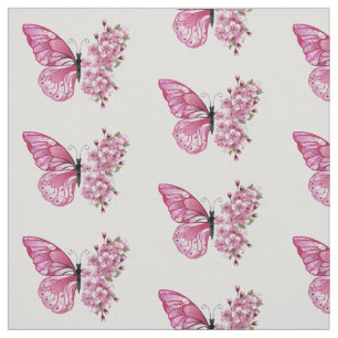 Tecido Borboleta Flor com Sakura Rosa