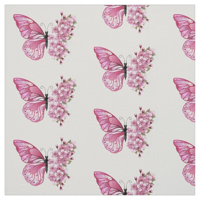 Tecido Borboleta Flor com Sakura Rosa (Modelo)