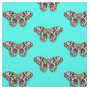 Tecido Borboleta preto e branco, fundo de turquesa